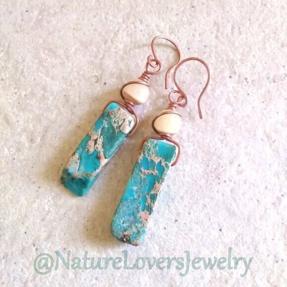 BOHO-LISCIOUS! Turquoise Sea Sediment Jasper Bar + Rough Citrine Dangle Earrings - Picture 1 of 6